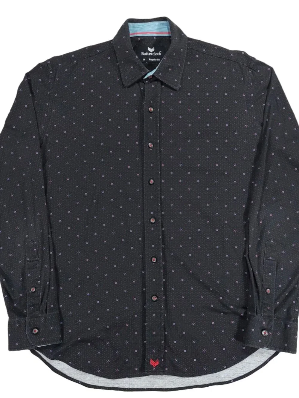 Buttercloth Button Up Shirt, Black Geometric Polka Dot Print, Cotton. Men's Sz M